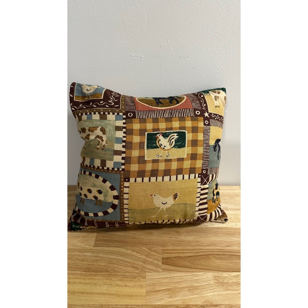 Vintage Farmhouse Tapestry Throw Pillow Patchwork Cow Sheep Chicken Cottagecore